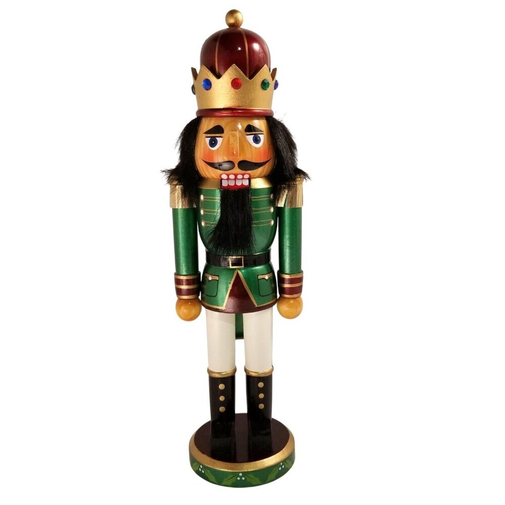 Nutcracker King Wood Nutcracker 14'' Green Burgundy Jeweled Crown Christmas